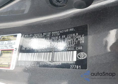 2008 Toyota Camry Xle V6 from USA, damaged, VIN 4T1BK46K98U069692